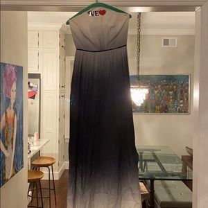 Strapless, gray ombré satin dress.